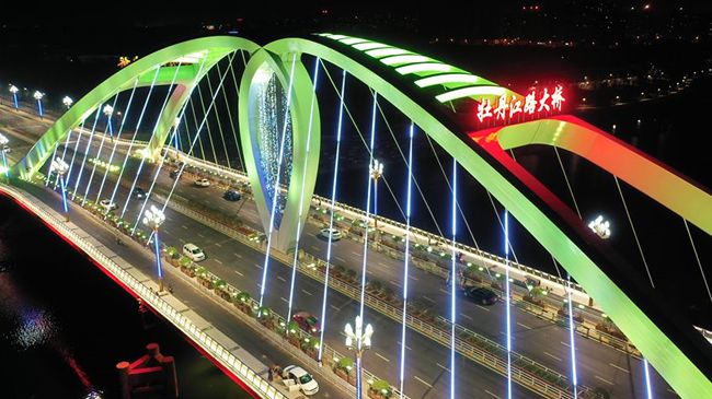 【航拍】河南漯河牡丹江路大桥璀璨夜景